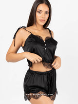 Μαύρο σατεν cami set με δαντέλα και πέρλες κουμπιά