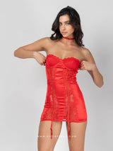 Κόκκινο σατέν babydoll με δαντέλα, ζαρτιέρες & κάλτσες