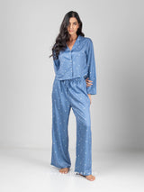 Μπλε γκρι σατέν σετ πιτζάμες με καρδούλες