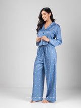 Μπλε γκρι σατέν σετ πιτζάμες με καρδούλες