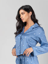 Μπλε γκρι σατέν σετ πιτζάμες με καρδούλες