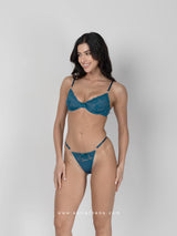 Μπλε πετρόλ σετ εσωρούχων με πλεκτή δαντέλα και στρας