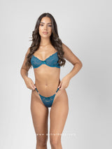 Μπλε πετρόλ σετ εσωρούχων με πλεκτή δαντέλα και στρας