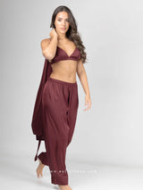 Μπορντό σατέν σετ πιτζάμες με ρόμπα, bralette και παντελόνι