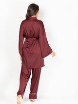 Μπορντό σατέν σετ πιτζάμες με ρόμπα, bralette και παντελόνι
