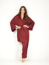 Μπορντό σατέν σετ πιτζάμες με ρόμπα, bralette και παντελόνι