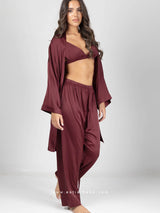 Μπορντό σατέν σετ πιτζάμες με ρόμπα, bralette και παντελόνι