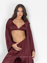 Μπορντό σατέν σετ πιτζάμες με ρόμπα, bralette και παντελόνι