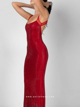 Κόκκινο μακρύ φόρεμα με στρας και άνοιγμα στην πλάτη