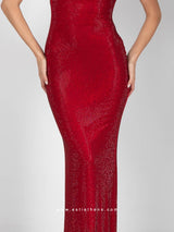 Κόκκινο μακρύ φόρεμα με στρας και άνοιγμα στην πλάτη