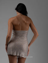 Nude μίνι φόρεμα με στρας και ανοιχτή πλάτη