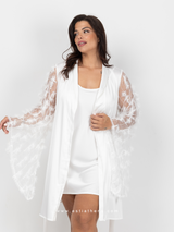 Λευκό κοντό νυφικό σετ ρόμπα με πούπουλα και νυχτικό