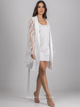 Λευκό κοντό νυφικό σετ ρόμπα με πούπουλα και νυχτικό