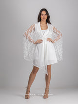 Λευκό κοντό νυφικό σετ ρόμπα με πούπουλα και νυχτικό