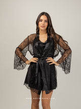 Μαύρο Σατέν Σετ Νυχτικό με Δαντέλα