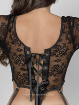 Μαύρο δαντελωτό κορμάκι με μακριά μανίκια και ζαρτιέρες