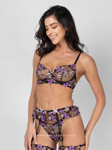 Μαύρο σετ εσωρούχων με μωβ κεντητά λουλούδια