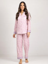 Πιτζάμες γυναικείες σετ λιλά με μοτίβο λουλουδιών