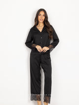 Πιτζάμες γυναικείες σατέν, μαύρο σετ με δαντέλα