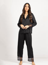 Πιτζάμες γυναικείες σατέν, μαύρο σετ με δαντέλα