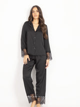 Πιτζάμες γυναικείες σατέν, μαύρο σετ με δαντέλα