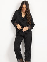 Πιτζάμες γυναικείες σατέν, μαύρο σετ με δαντέλα