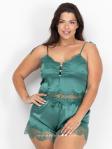 Πράσινο σατέν σετ πιτζάμας με δαντέλα, πέρλες και string