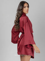 Μπορντό ρόμπα με ζώνη, bralette και εσώρουχο