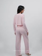 Ροζ πιτζάμα με crop ζακέτα και παντελόνι