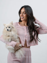 Ροζ πιτζάμα με crop ζακέτα και παντελόνι