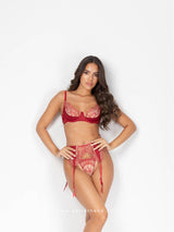 Κόκκινο σετ εσωρούχων με διαφάνεια, κεντητά σχέδια & γάντια