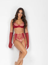 Κόκκινο σετ εσωρούχων με διαφάνεια, κεντητά σχέδια & γάντια