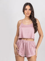 Ροζ σατέν σετ πιτζάμες με τοπ & σορτς