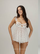 Λευκό babydoll με διαφάνεια και τούλι