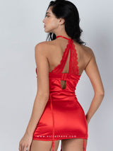 Κόκκινο σατέν babydoll με δαντέλα, ζαρτιέρες & κάλτσες