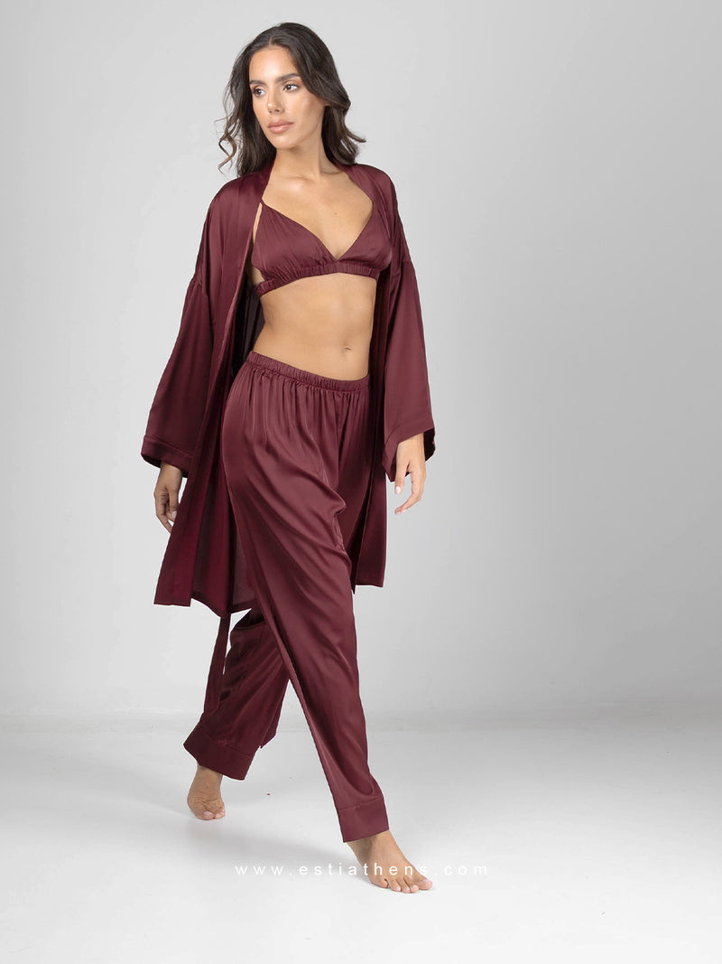 Μπορντό σατέν σετ πιτζάμες με ρόμπα, bralette και παντελόνι