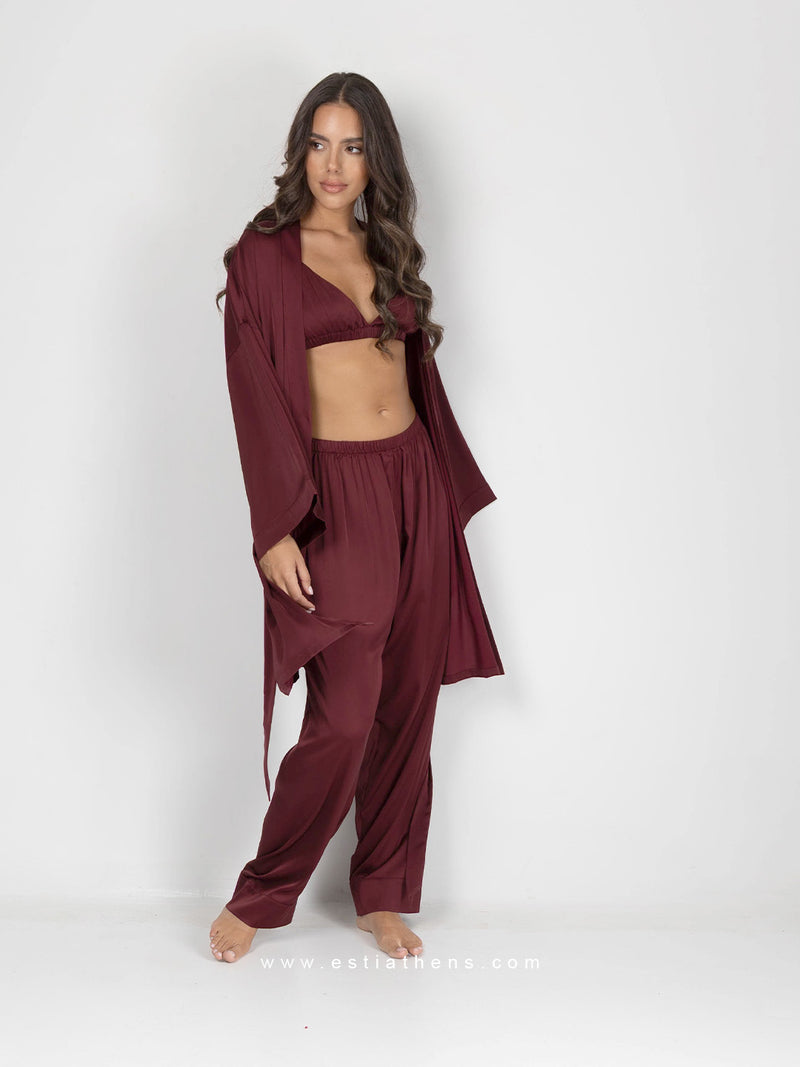 Μπορντό σατέν σετ πιτζάμες με ρόμπα, bralette και παντελόνι