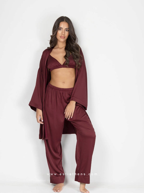 Μπορντό σατέν σετ πιτζάμες με ρόμπα, bralette και παντελόνι