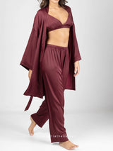 Μπορντό σατέν σετ πιτζάμες με ρόμπα, bralette και παντελόνι