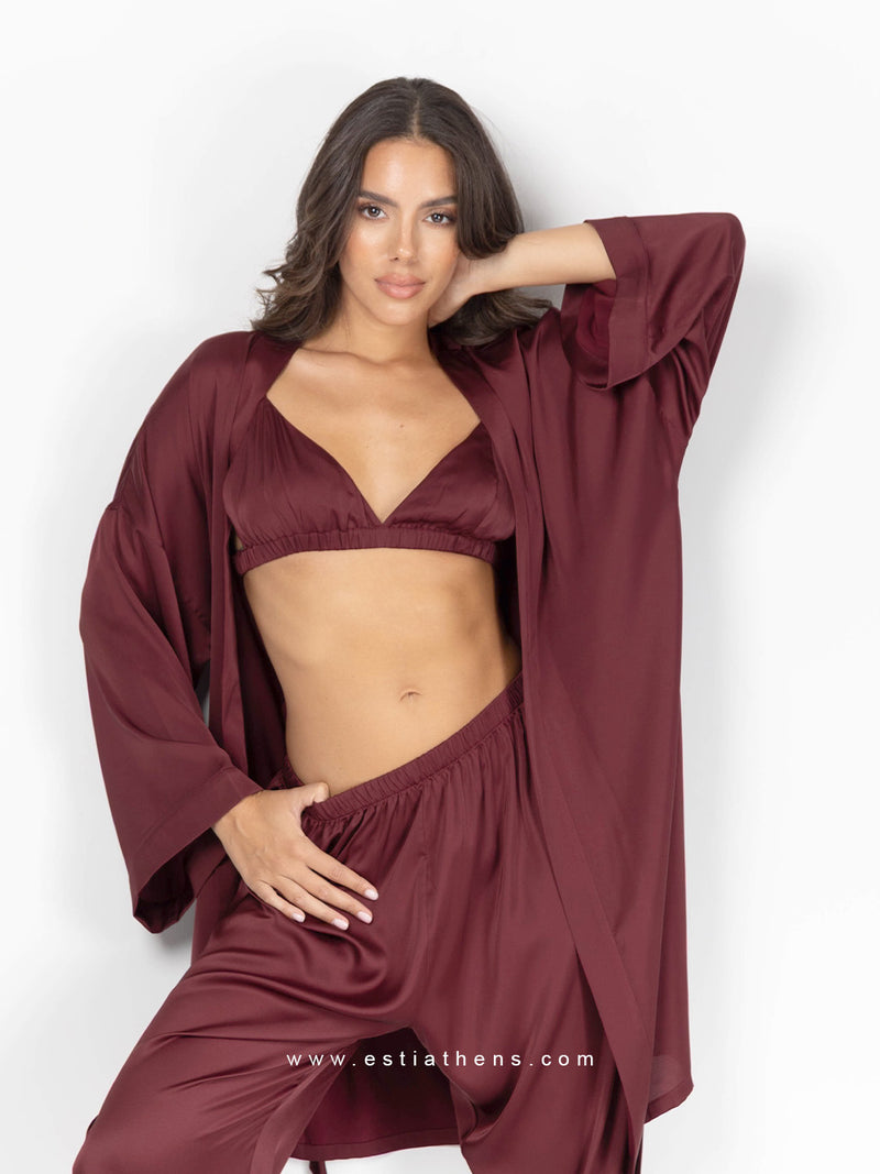 Μπορντό σατέν σετ πιτζάμες με ρόμπα, bralette και παντελόνι