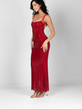 Κόκκινο μακρύ φόρεμα με στρας και άνοιγμα στην πλάτη