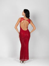 Κόκκινο μακρύ φόρεμα με στρας και άνοιγμα στην πλάτη