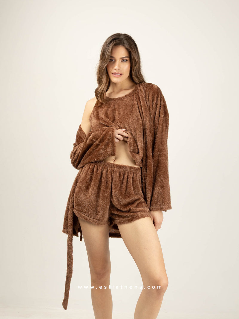 Καφέ fleece σετ πιτζάμες με ρόμπα