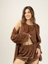 Καφέ fleece σετ πιτζάμες με ρόμπα