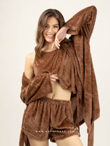 Καφέ fleece σετ πιτζάμες με ρόμπα