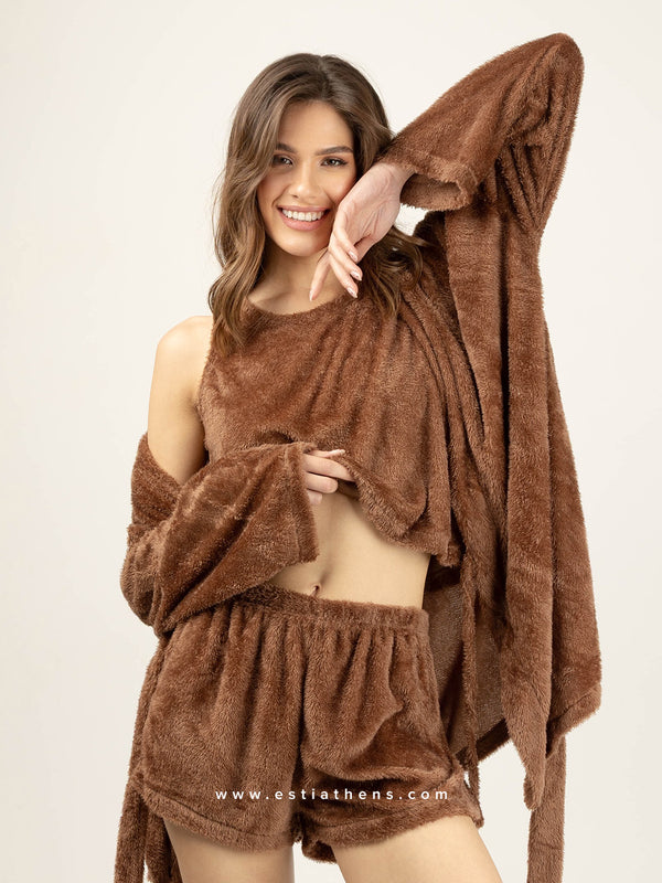 Καφέ fleece σετ πιτζάμες με ρόμπα