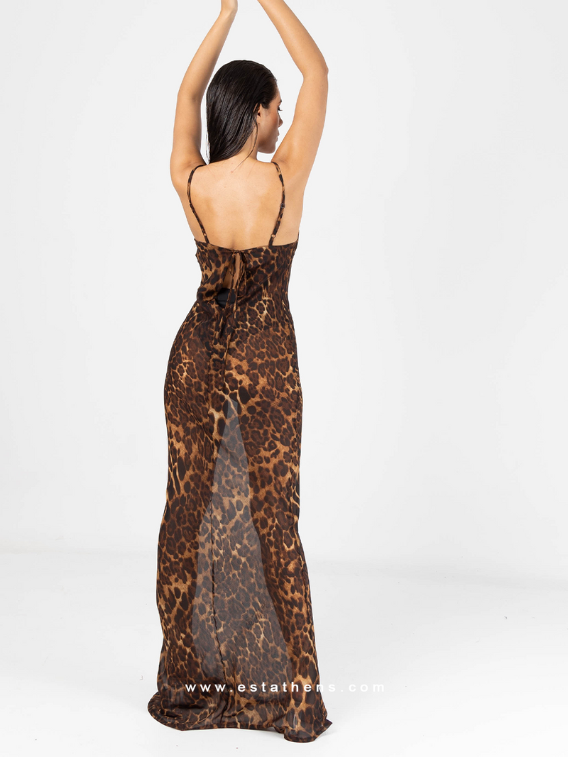 Διαφανές maxi φόρεμα με animal print και ρυθμιζόμενες τιράντες 