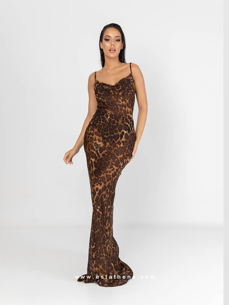Διαφανές maxi φόρεμα με animal print και ρυθμιζόμενες τιράντες 