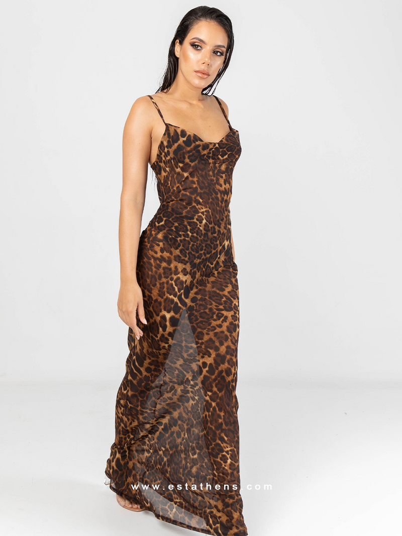 Διαφανές maxi φόρεμα με animal print και ρυθμιζόμενες τιράντες 