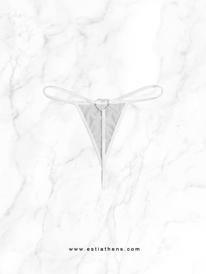 Ladies White String White See-through String with Rhinestone Heart | Esti Athens